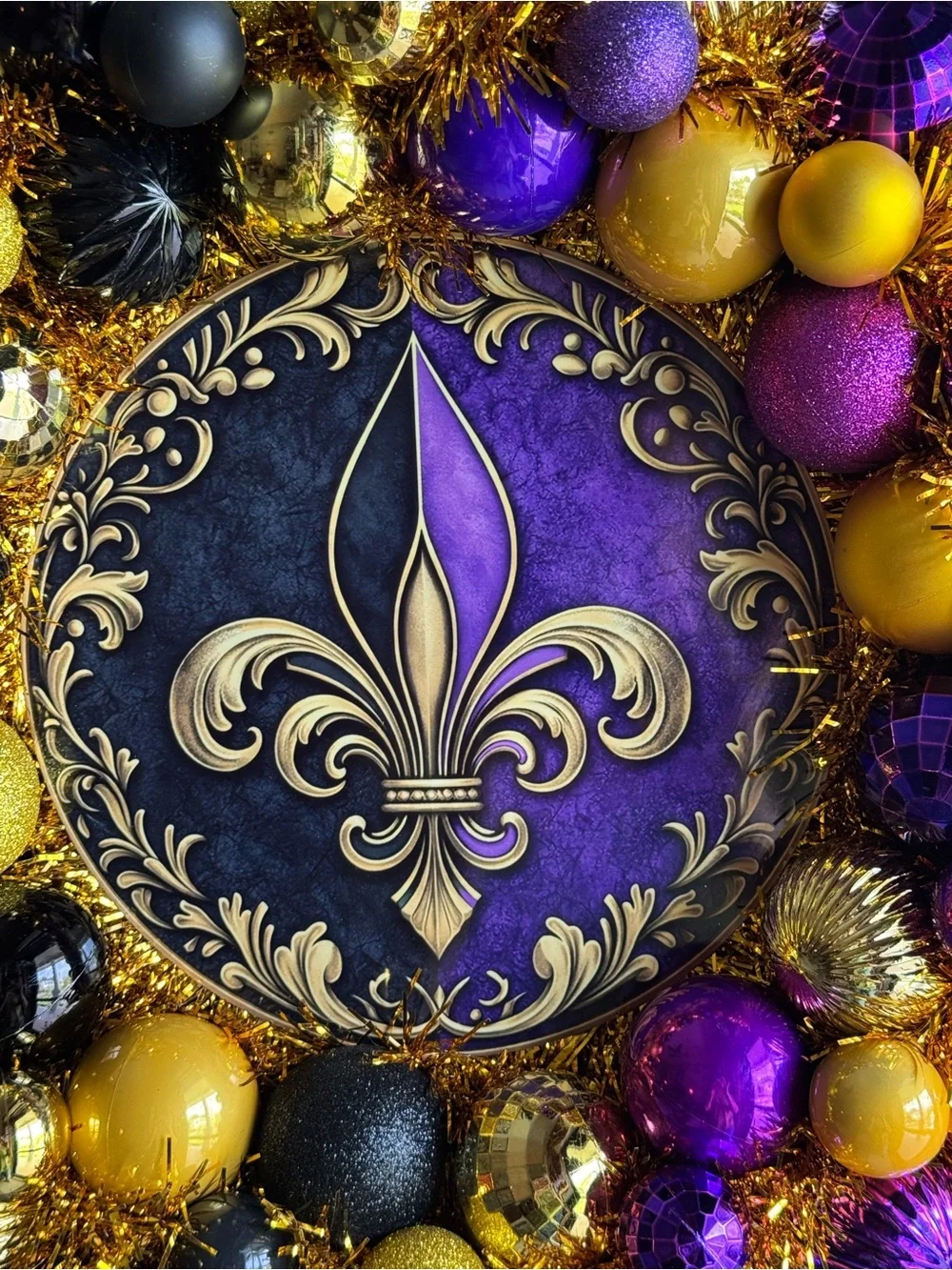Festive Fleur-de-Lis Holiday Wreath in Purple, Gold & Black